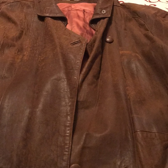 Womens 80s Vintage Long Brown Genuine Leather Coat - Picture 11 of 16